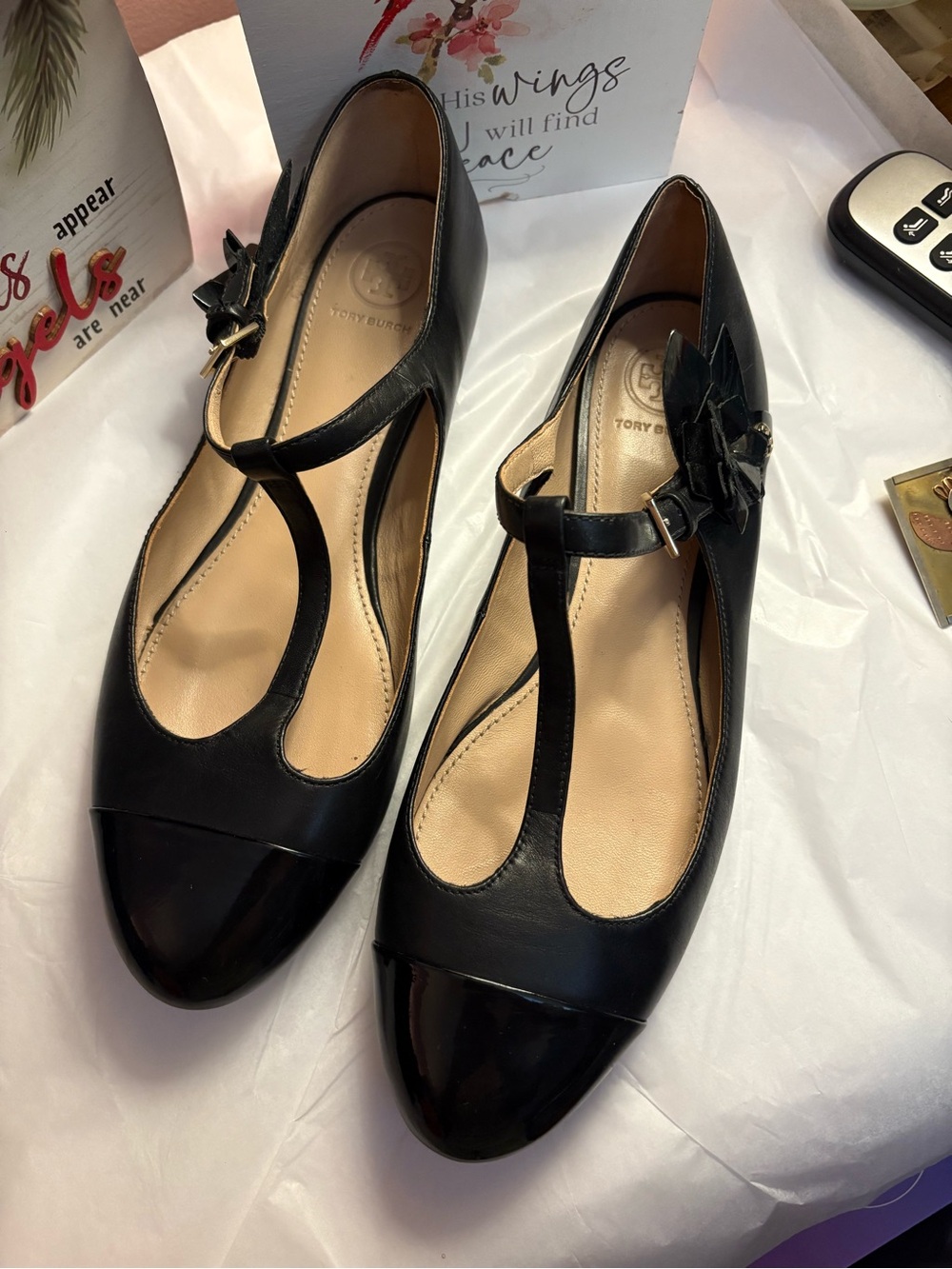 Tory Burch Black T-Strap Cap-Toe Flats with Floral Accent